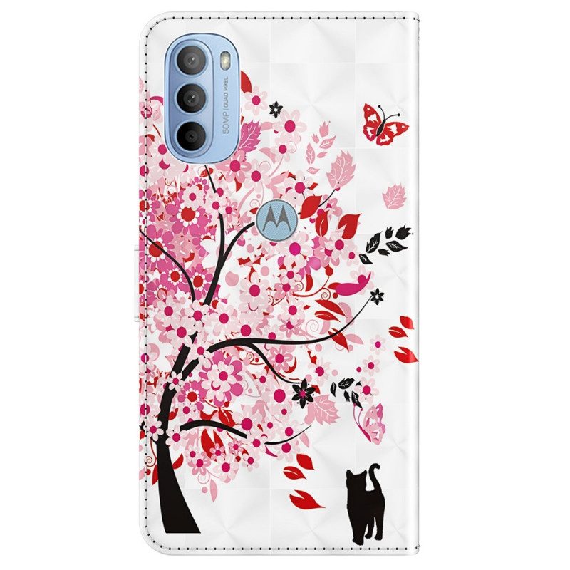 Folio-hoesje voor Moto G41 / G31 Roze Boom En Zwarte Kat