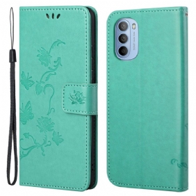 Leren Hoesje voor Moto G41 / G31 Met Ketting Vlinders En Bloemen Riem