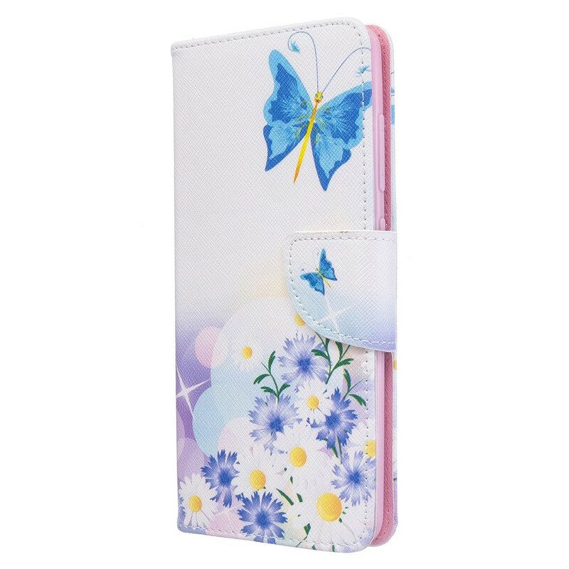 Leren Hoesje voor Samsung Galaxy A51 Geschilderde Vlinders En Bloemen