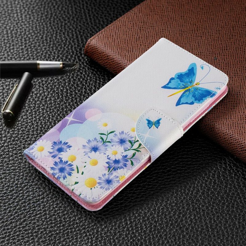 Leren Hoesje voor Samsung Galaxy A51 Geschilderde Vlinders En Bloemen