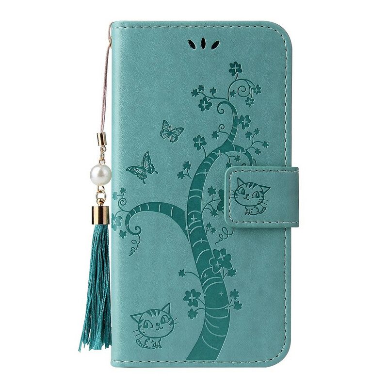 Leren Hoesje voor Samsung Galaxy A51 Met Ketting Boom En Kat Met Kraal Aan Lanyard