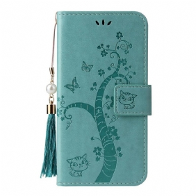 Leren Hoesje voor Samsung Galaxy A51 Met Ketting Boom En Kat Met Kraal Aan Lanyard