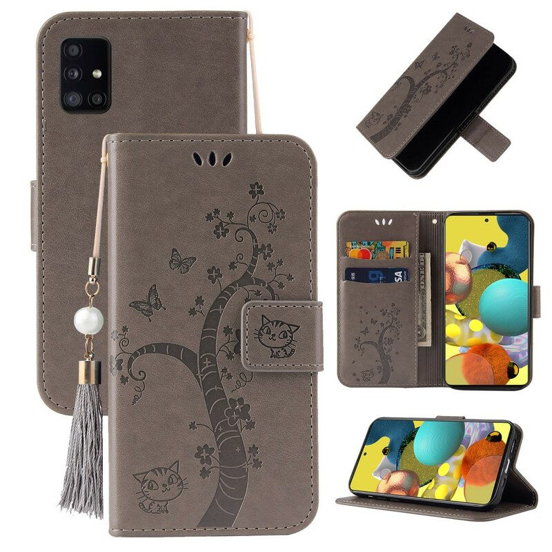 Leren Hoesje voor Samsung Galaxy A51 Met Ketting Boom En Kat Met Kraal Aan Lanyard