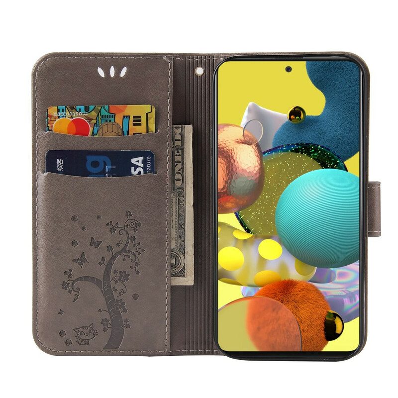 Leren Hoesje voor Samsung Galaxy A51 Met Ketting Boom En Kat Met Kraal Aan Lanyard