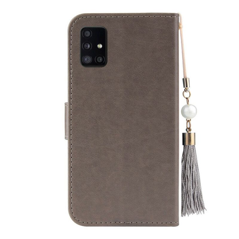 Leren Hoesje voor Samsung Galaxy A51 Met Ketting Boom En Kat Met Kraal Aan Lanyard