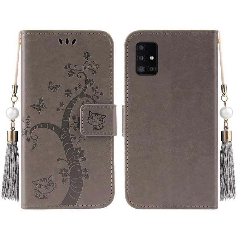 Leren Hoesje voor Samsung Galaxy A51 Met Ketting Boom En Kat Met Kraal Aan Lanyard