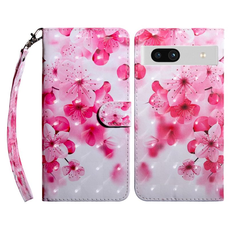 Folio-hoesje voor Google Pixel 7A Met Ketting Roze Bloemen Met Riem