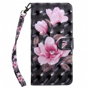 Leren Hoesje voor Google Pixel 7A Met Ketting Strappy Roze Bloemen