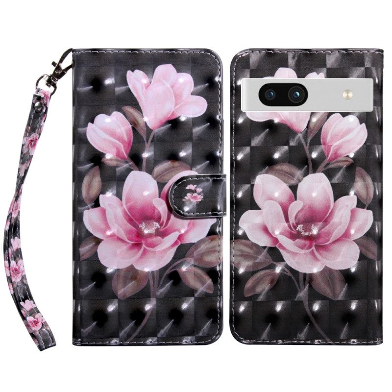 Leren Hoesje voor Google Pixel 7A Met Ketting Strappy Roze Bloemen